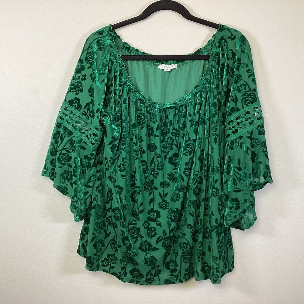 Haley K. Whimsigoth Green Velvet Burnout Top Sz M Fairy Grunge Lace Bell Sleeve